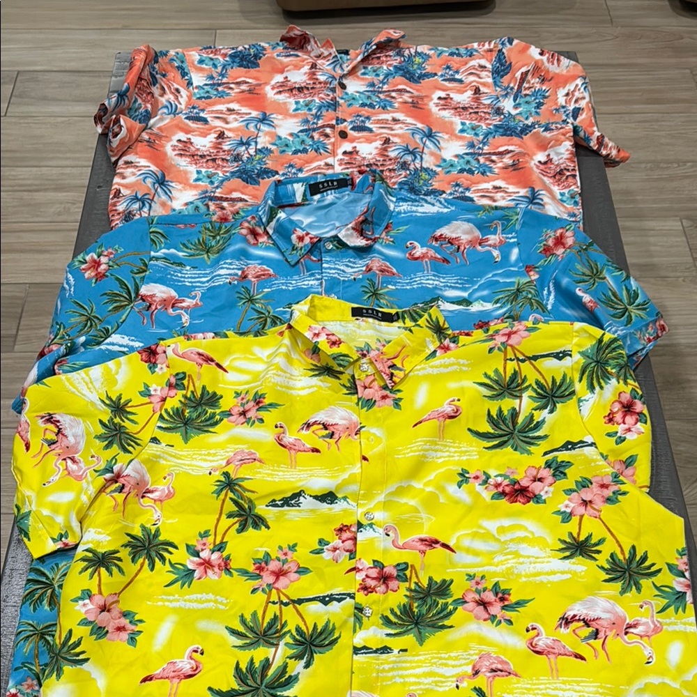 Casual Orange and Blue Button Down Shirts with Tropical Patterns